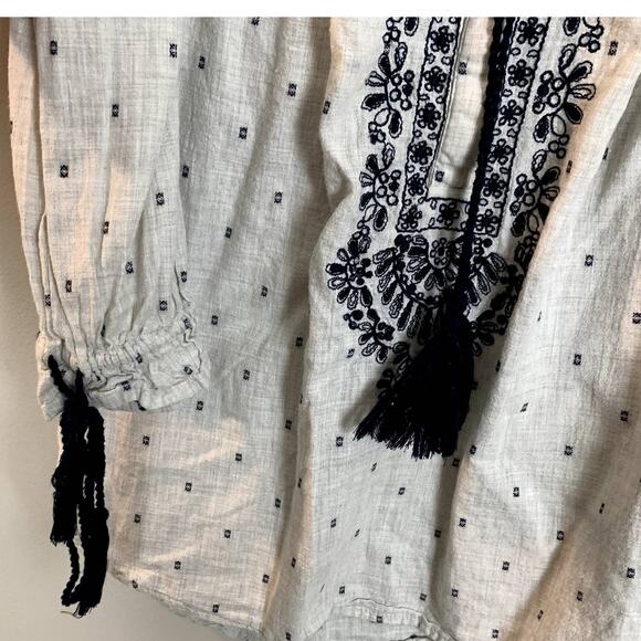 Zara Basic Boho Tunic Top Blouse Oatmeal Navy Blue Embroider Tassel Bib XS - Picture 4 of 8